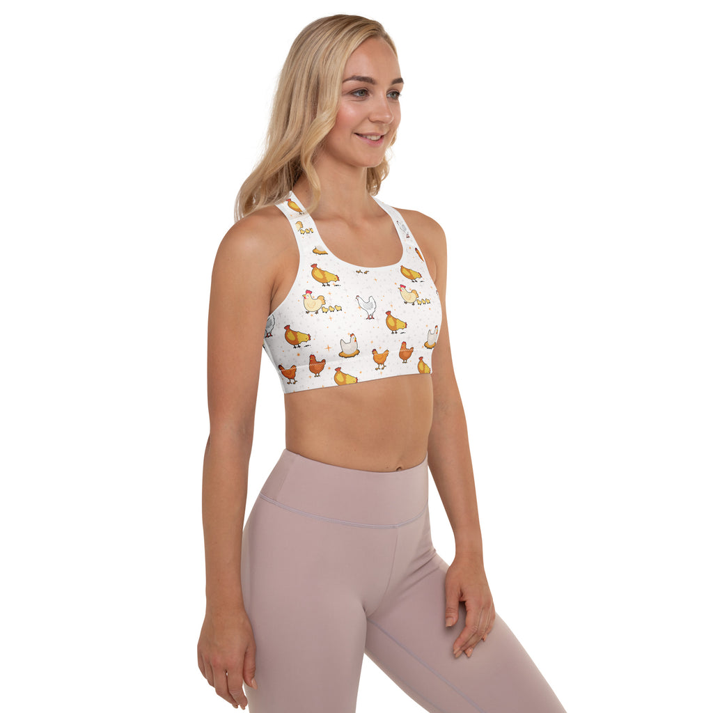 White women’s padded sports bra with playful colorful chicken pattern buttery soft supportive quick dry