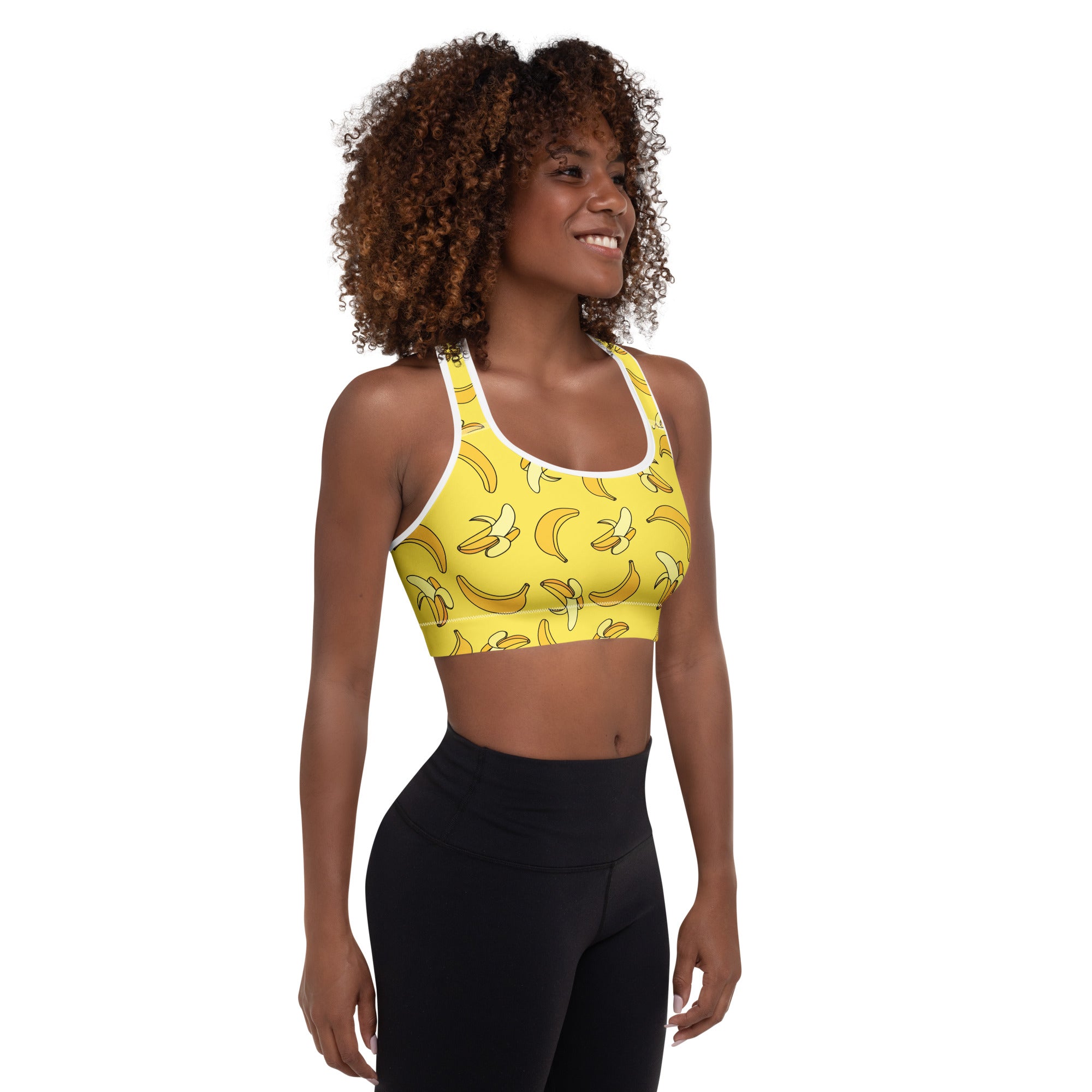 Women’s yellow banana-print padded sports bra with white trim buttery soft supportive and quick-dry material