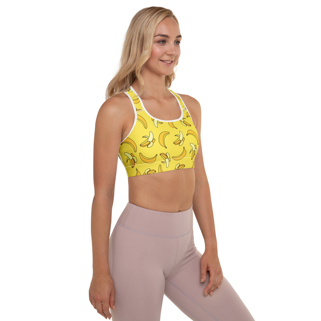 Women’s yellow banana-print padded sports bra with white trim buttery soft supportive and quick-dry fabric