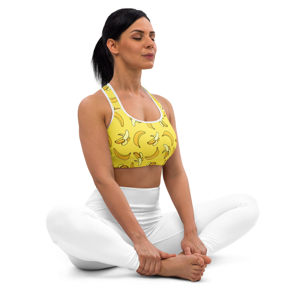 Women’s yellow banana padded sports bra with white trim buttery soft supportive quick-dry material
