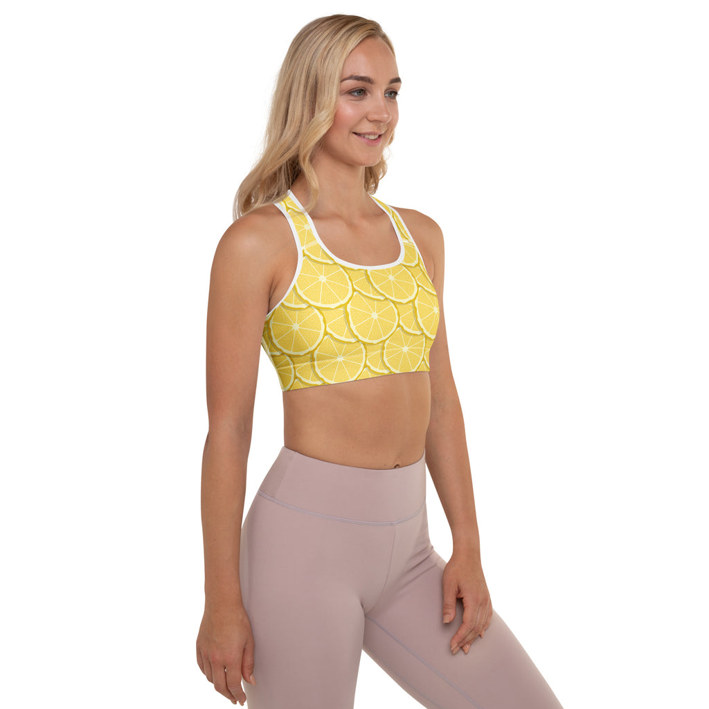 Women’s lemon slice print padded sports bra with white trim buttery soft supportive and quick dry fabric