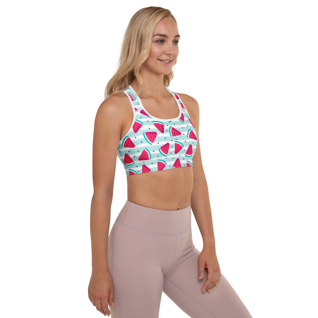 Women’s watermelon stripe padded sports bra in buttery soft fabric with vibrant pink and green watermelon pattern on striped base