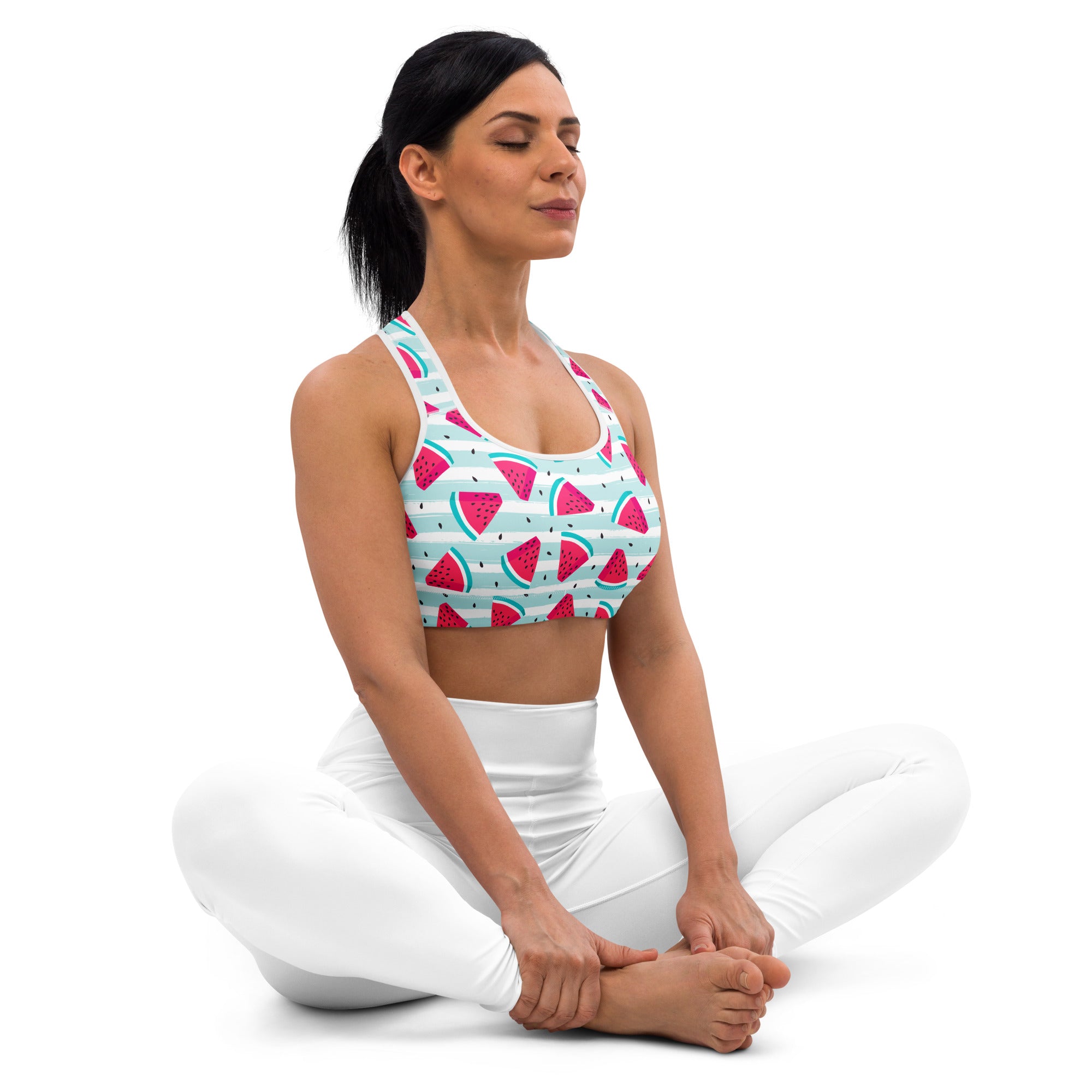 Women’s watermelon stripe padded sports bra in light blue and white stripes with buttery soft quick-dry fabric