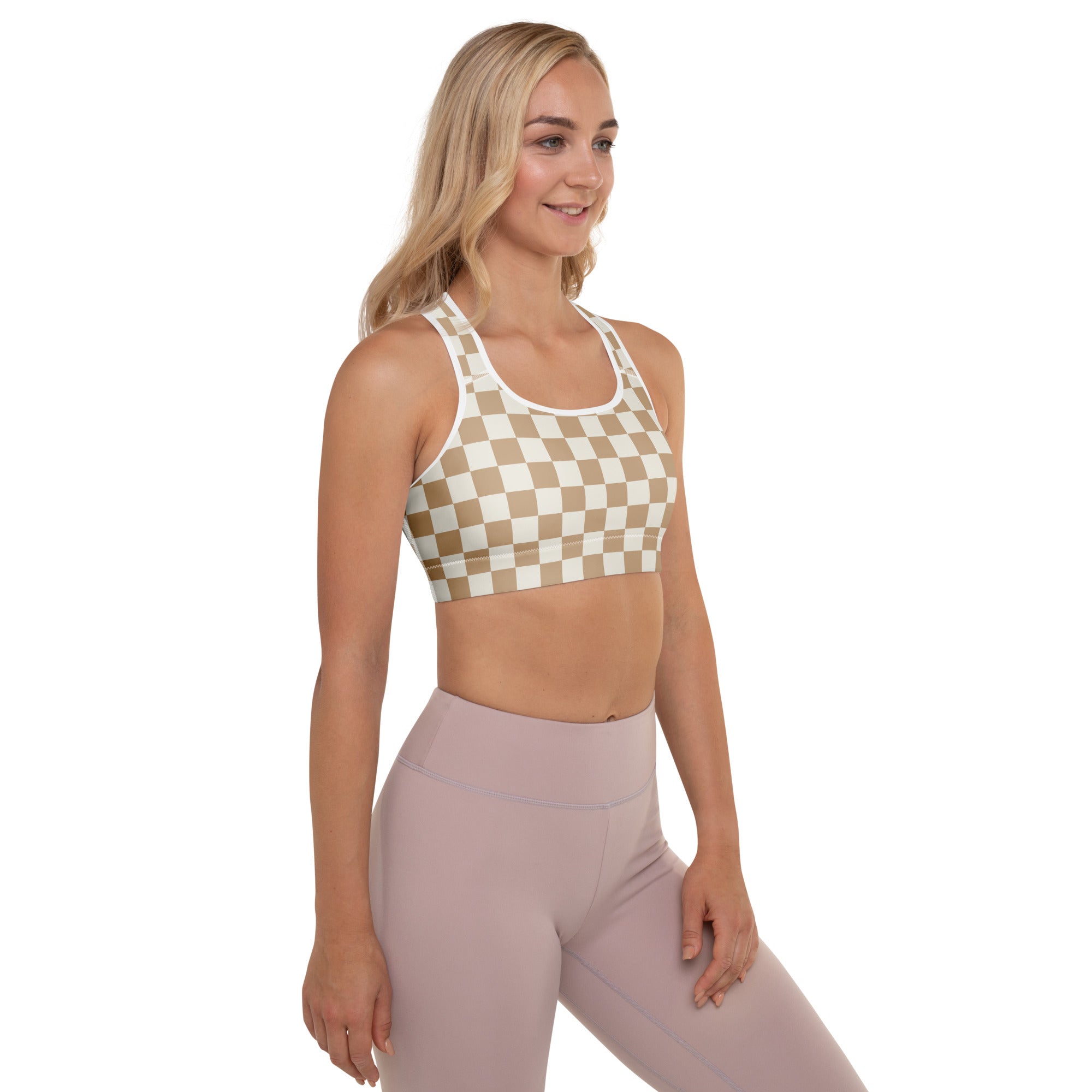Beige and white checkered padded sports bra with racerback design buttery soft supportive and quick-dry