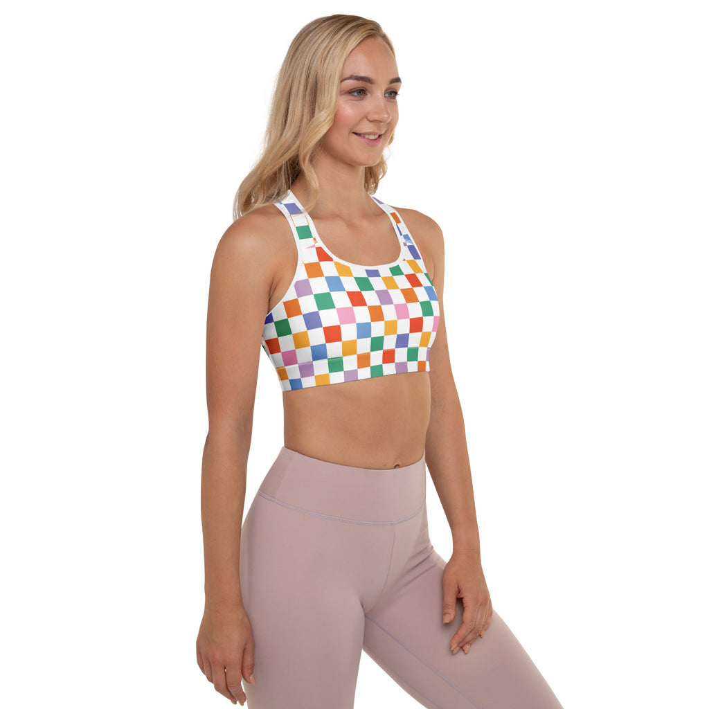 Women’s colorful checkerboard padded sports bra with white base, adjustable straps, buttery soft, supportive, quick-dry