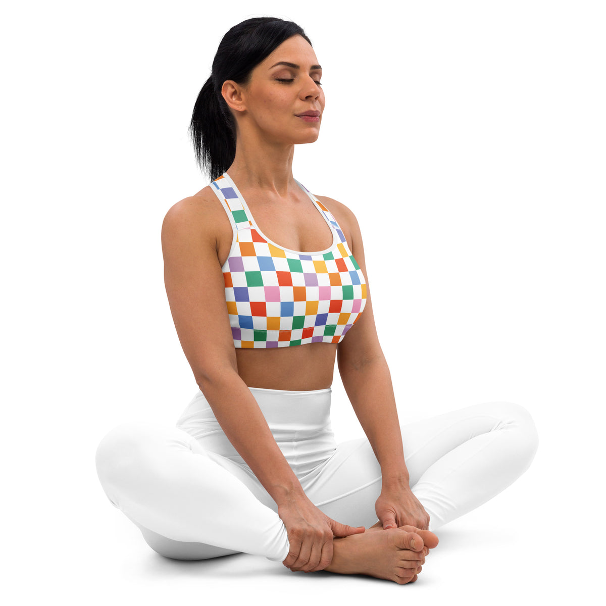 Women’s colorful checkerboard padded sports bra with white base thin straps buttery soft supportive quick-dry material