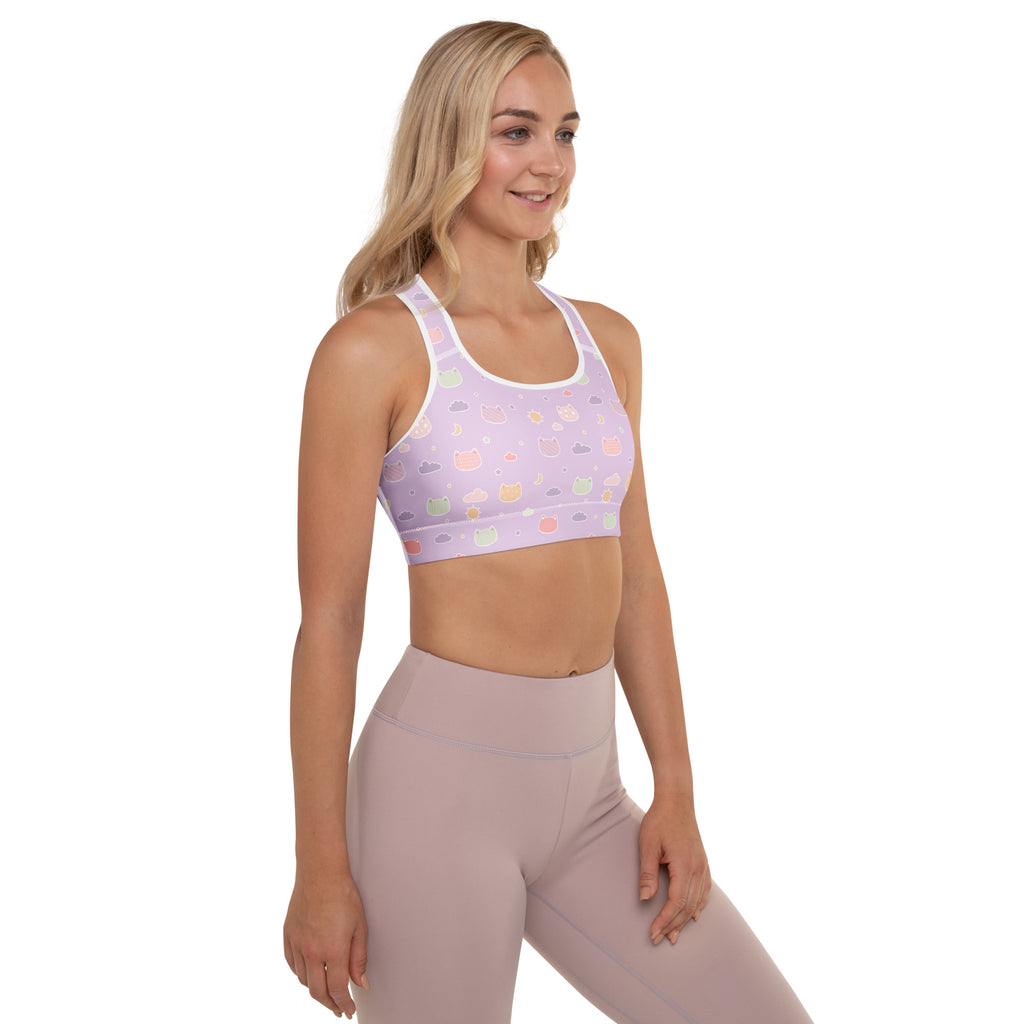 Lavender sports bra with pastel purple kawaii cats and clouds pattern buttery soft supportive quick dry material