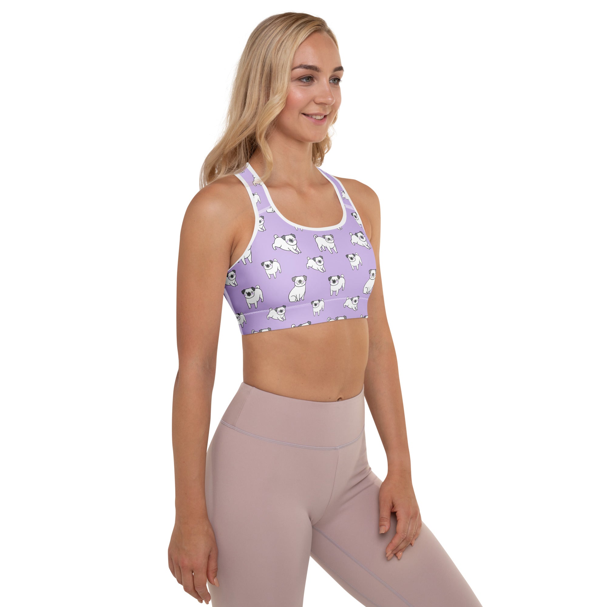 Women’s purple pug padded sports bra with white pug illustrations white trim buttery soft supportive quick-dry