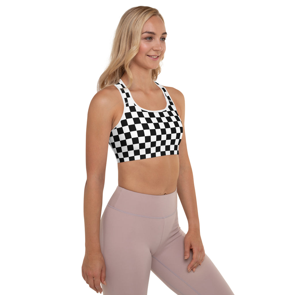 Women’s black and white checkerboard padded sports bra with buttery soft fabric and racerback quick-dry design