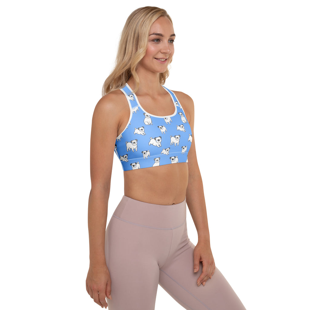 Women’s blue pug padded sports bra with white illustrations, buttery soft supportive stretchy quick-dry fabric design