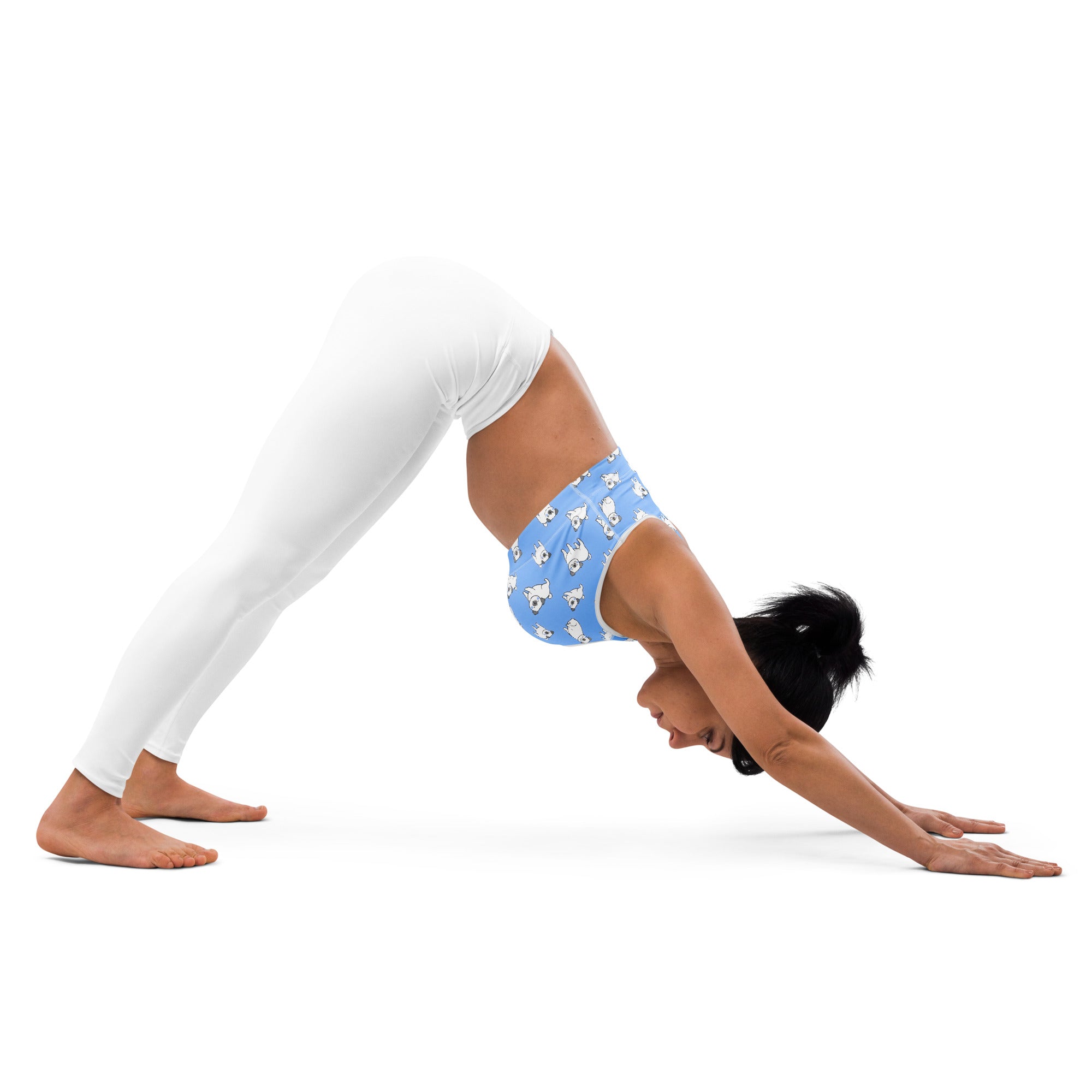 Women’s blue pug padded sports bra with white cartoon dog prints buttery soft supportive quick-dry fabric
