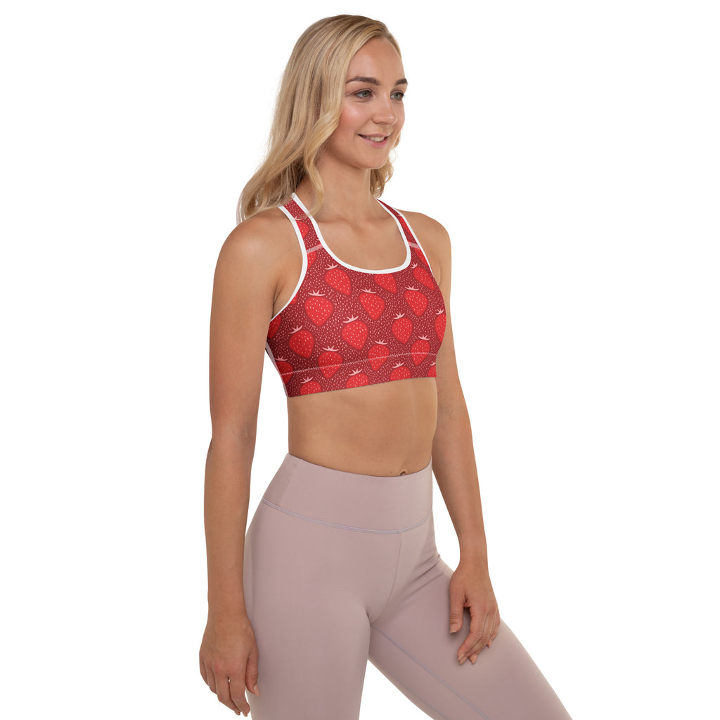 Women’s red strawberry padded sports bra with white trim buttery soft supportive and quick dry material