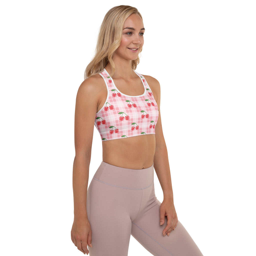 Women’s pink gingham cherry padded sports bra with buttery soft fabric supportive and quick-dry features