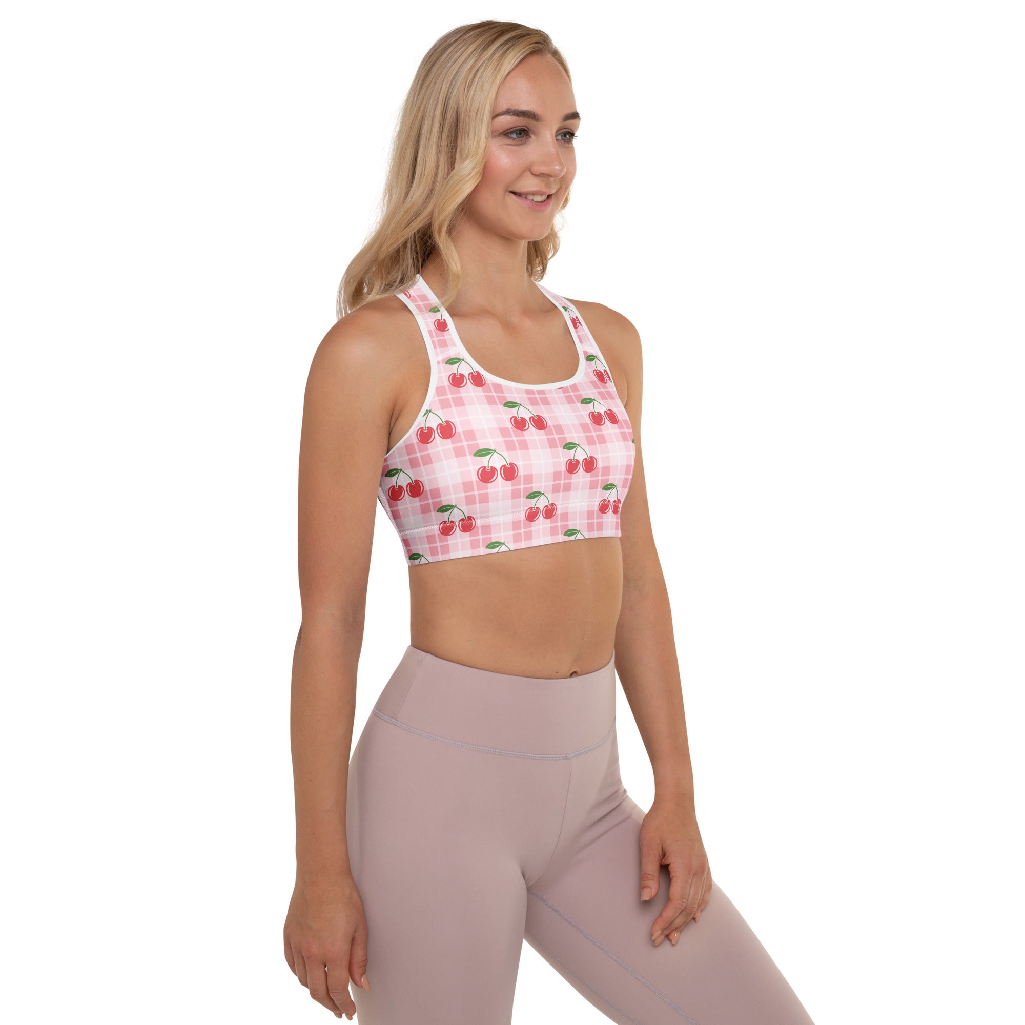 Women’s pink gingham cherry padded sports bra with buttery soft fabric supportive and quick-dry features