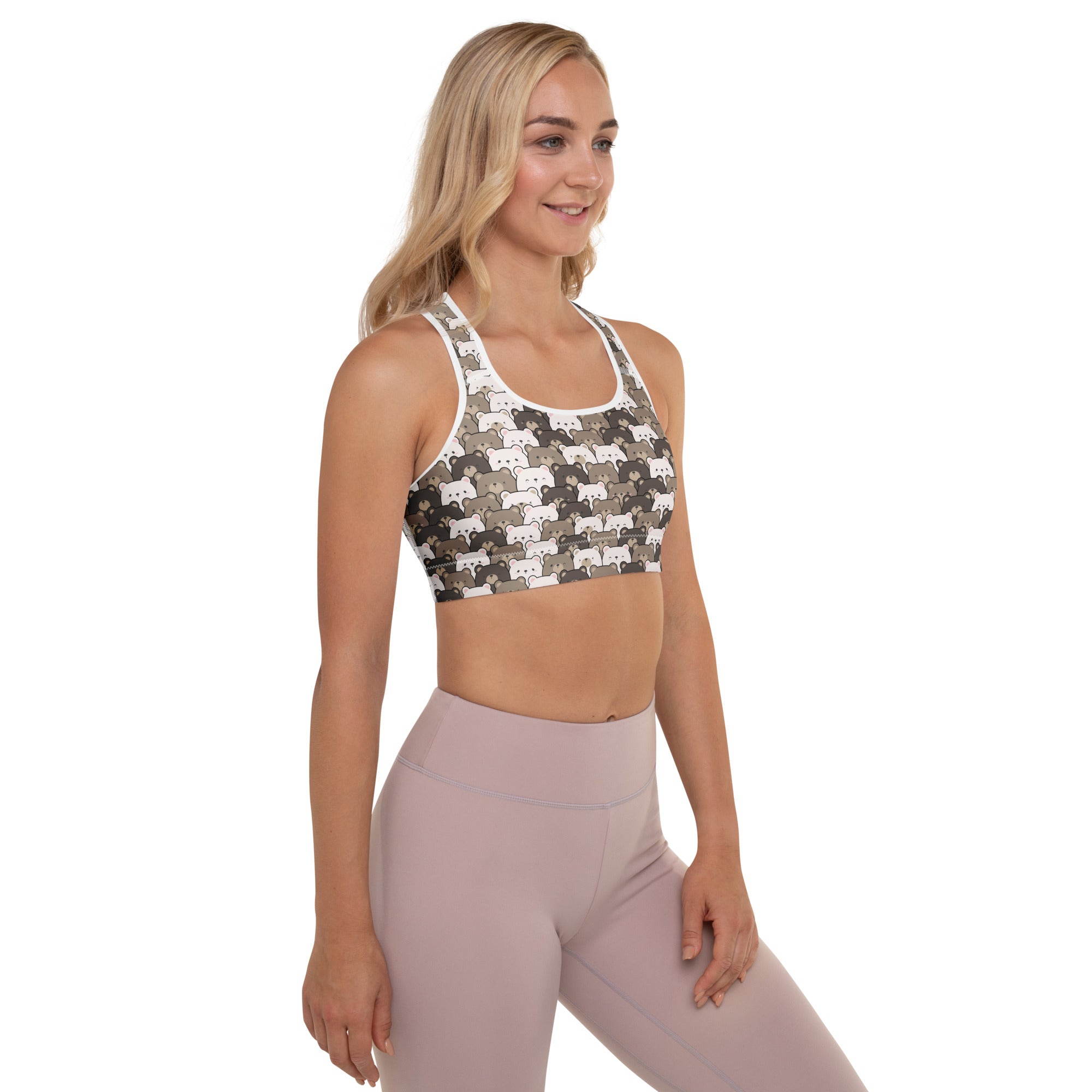 Women’s bear face padded sports bra with white and gray cartoon cat houndstooth pattern, supportive seamless fit