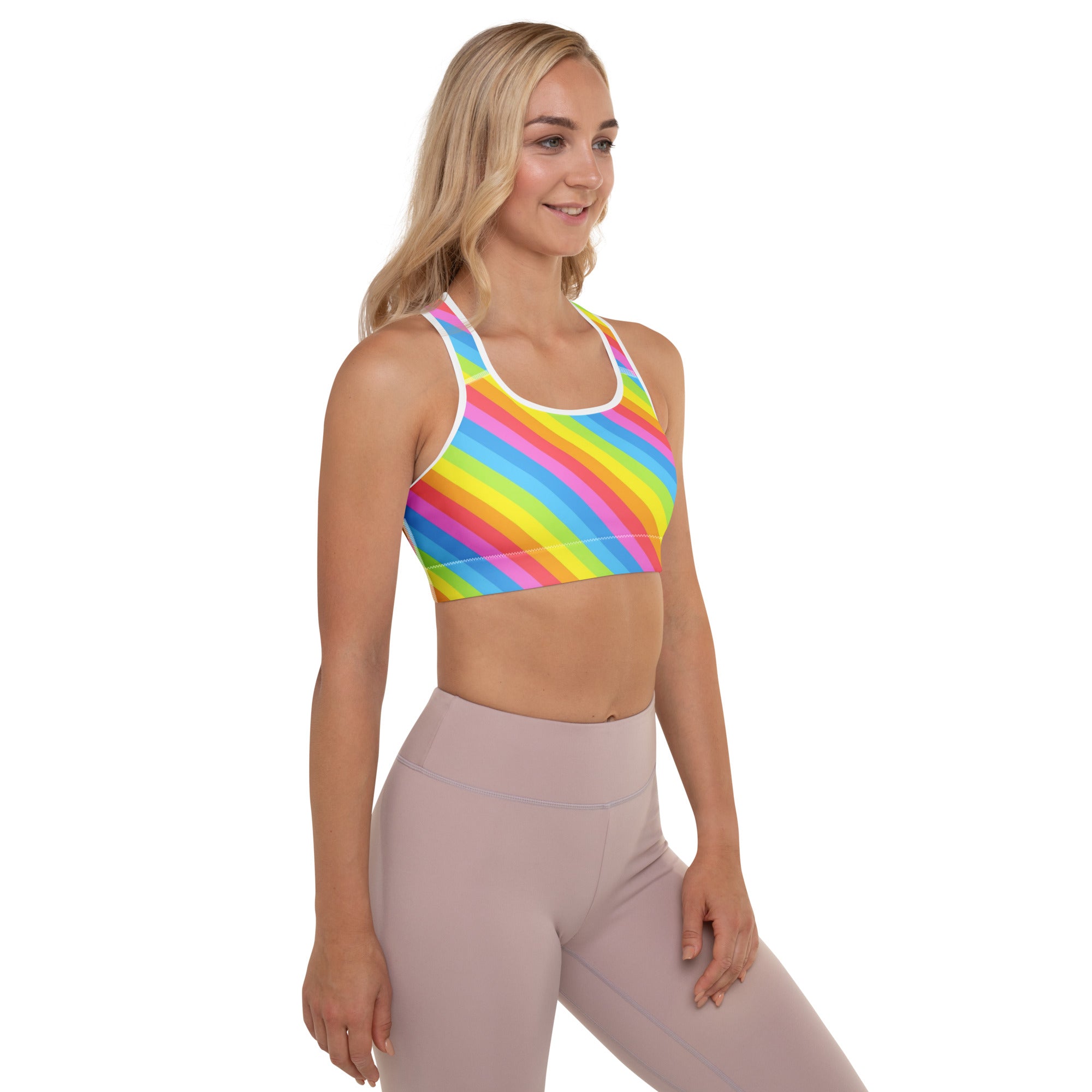 Women’s Rainbow Stripe Padded Sports Bra – Buttery Soft, Supportive & Quick-Dry