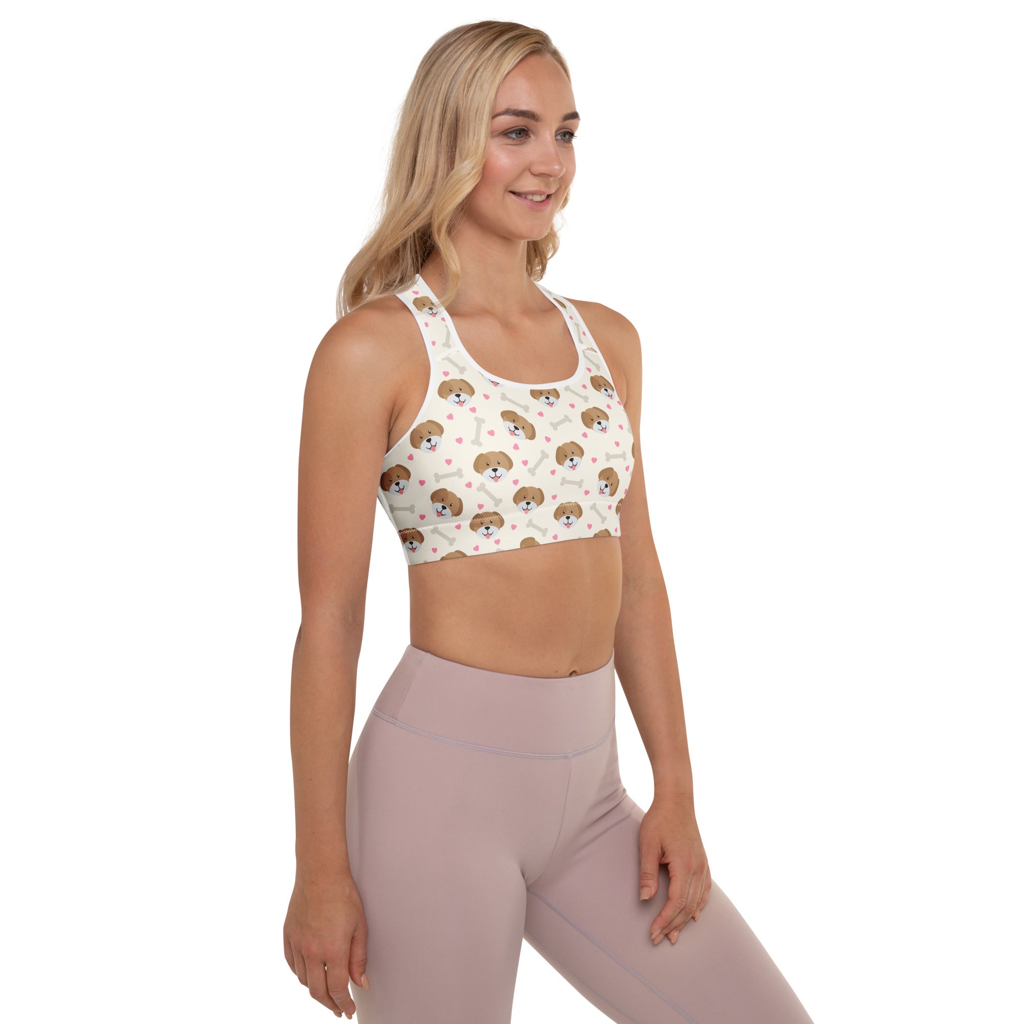 White padded sports bra with brown puppy faces and pink hearts on buttery soft stretchy quick-dry fabric