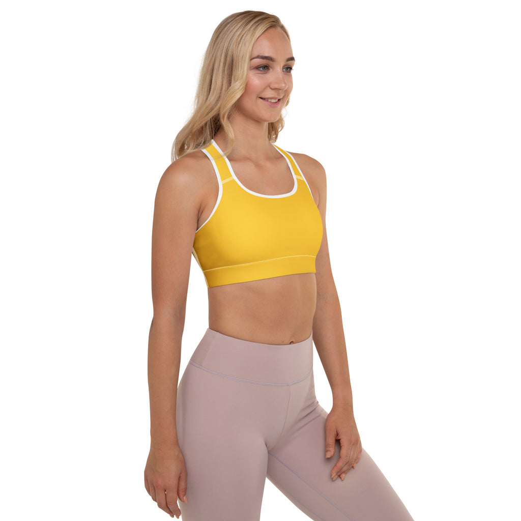 Women’s yellow padded sports bra with white trim buttery soft supportive and quick-dry material