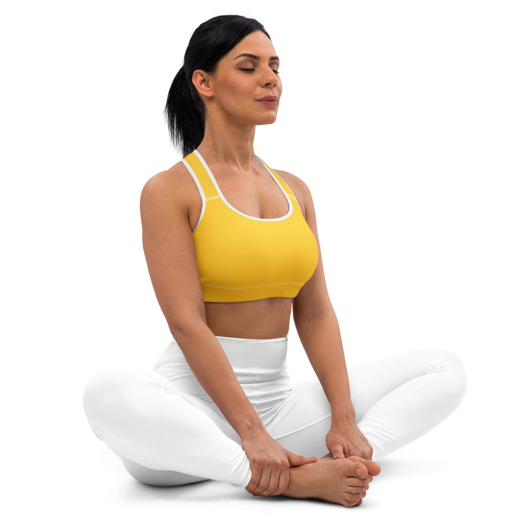Women’s yellow padded sports bra with white trim buttery soft supportive quick-dry fabric for active use