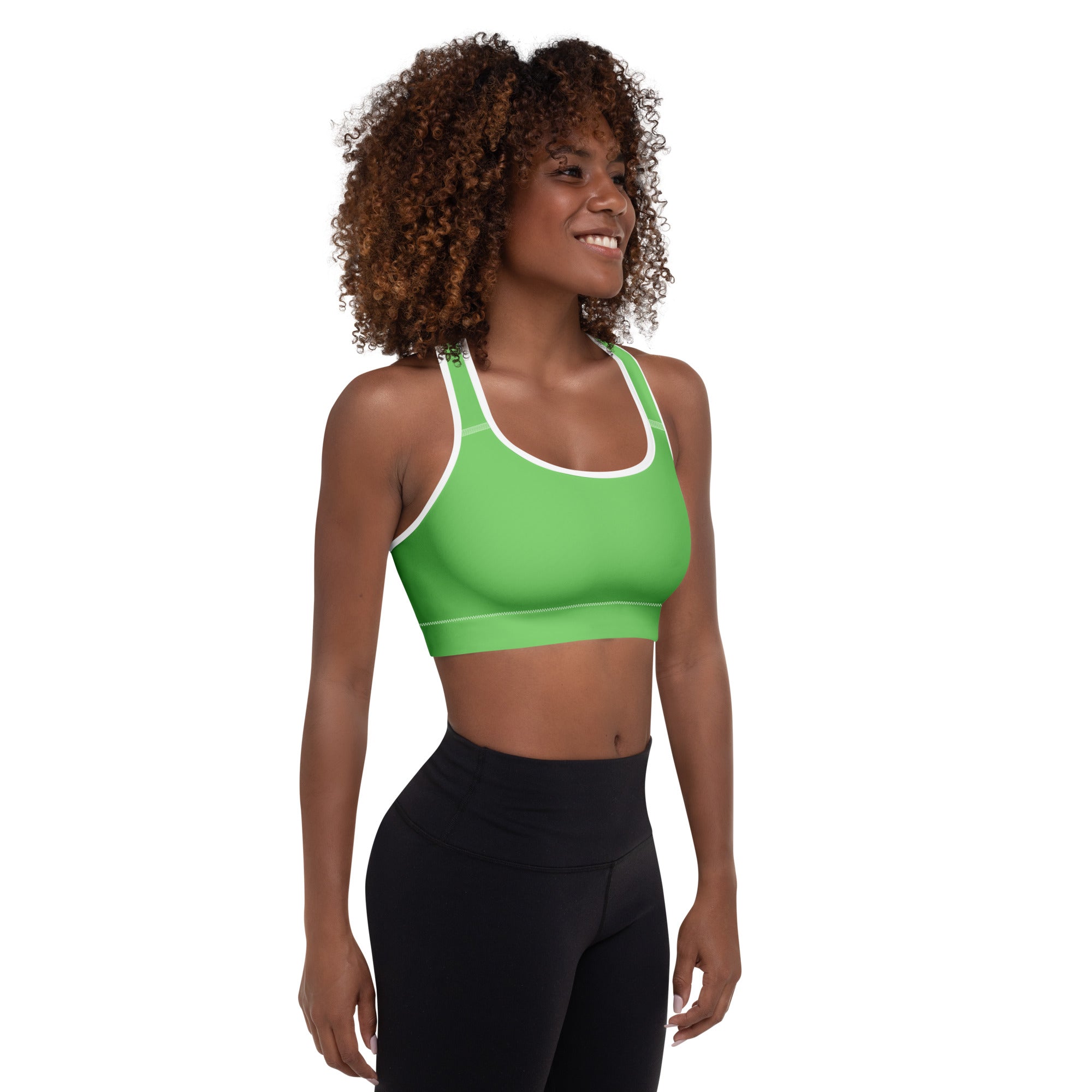 Women’s bright green padded sports bra with white trim buttery soft supportive and quick-dry material
