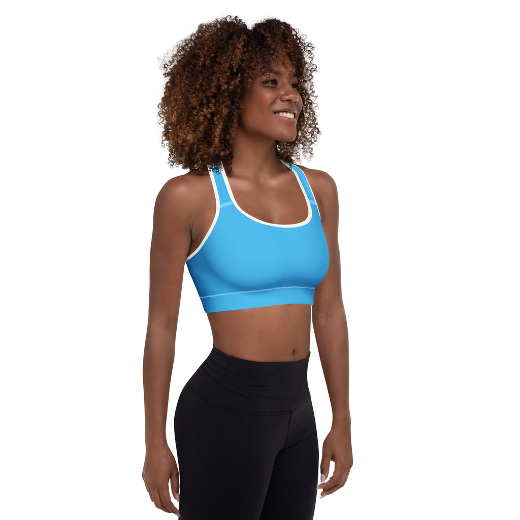 Women’s sky blue padded sports bra with white trim buttery soft supportive quick-dry and form-fitting design