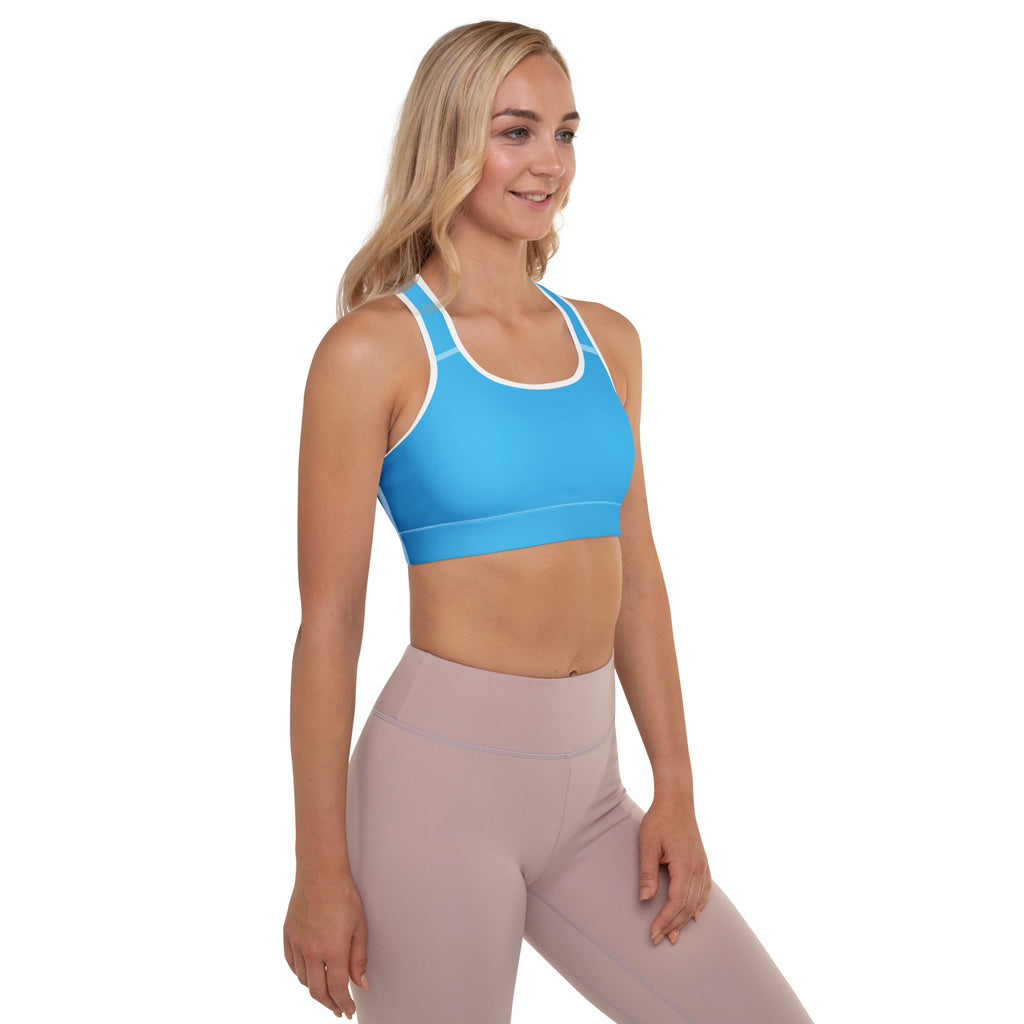 Women’s sky blue padded sports bra with white trim racerback design buttery soft supportive and quick-dry material