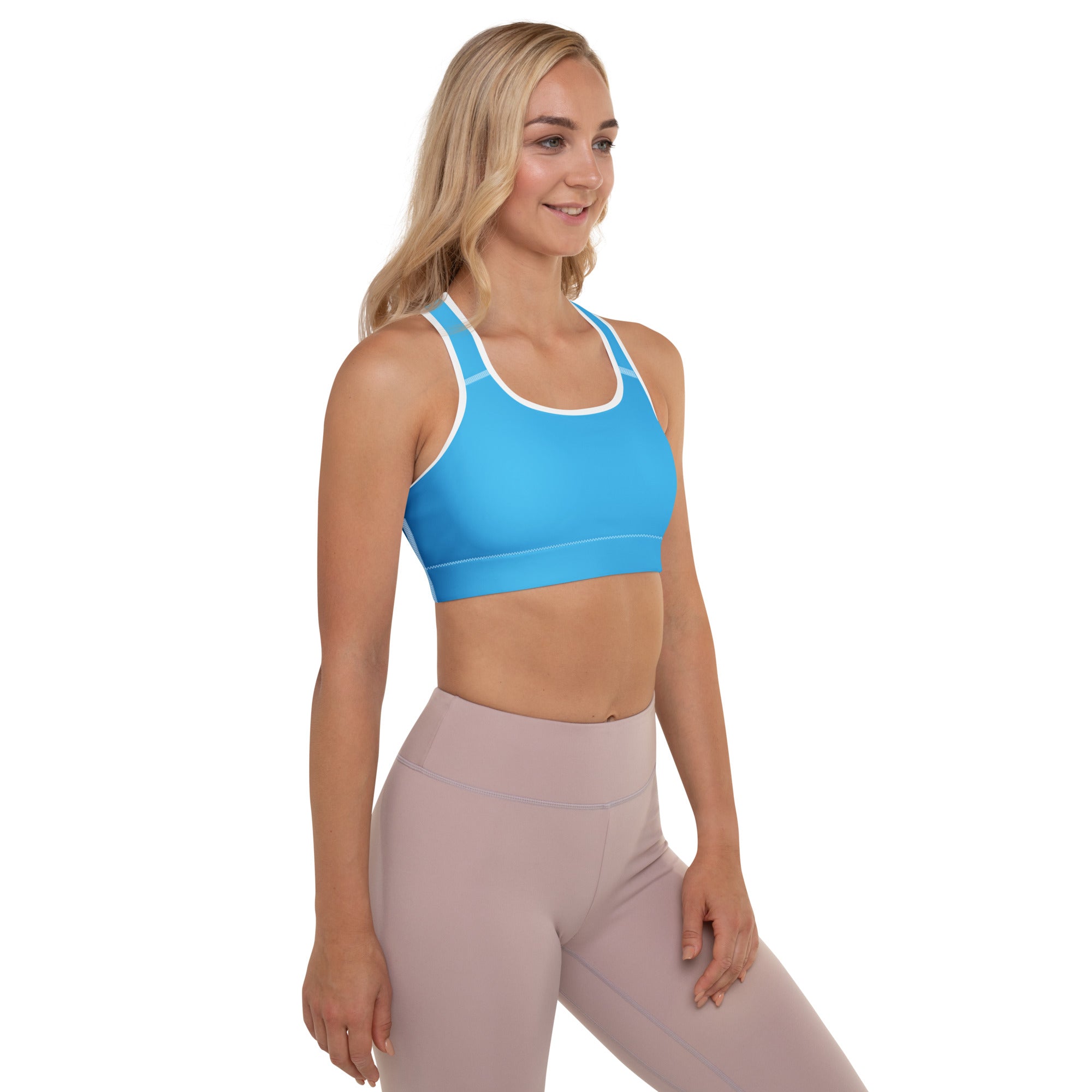 Women’s sky blue padded sports bra with white trim racerback design buttery soft supportive and quick-dry material