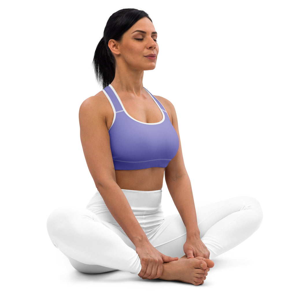 Women’s purple padded sports bra with white trim buttery soft supportive quick-dry fabric for activewear