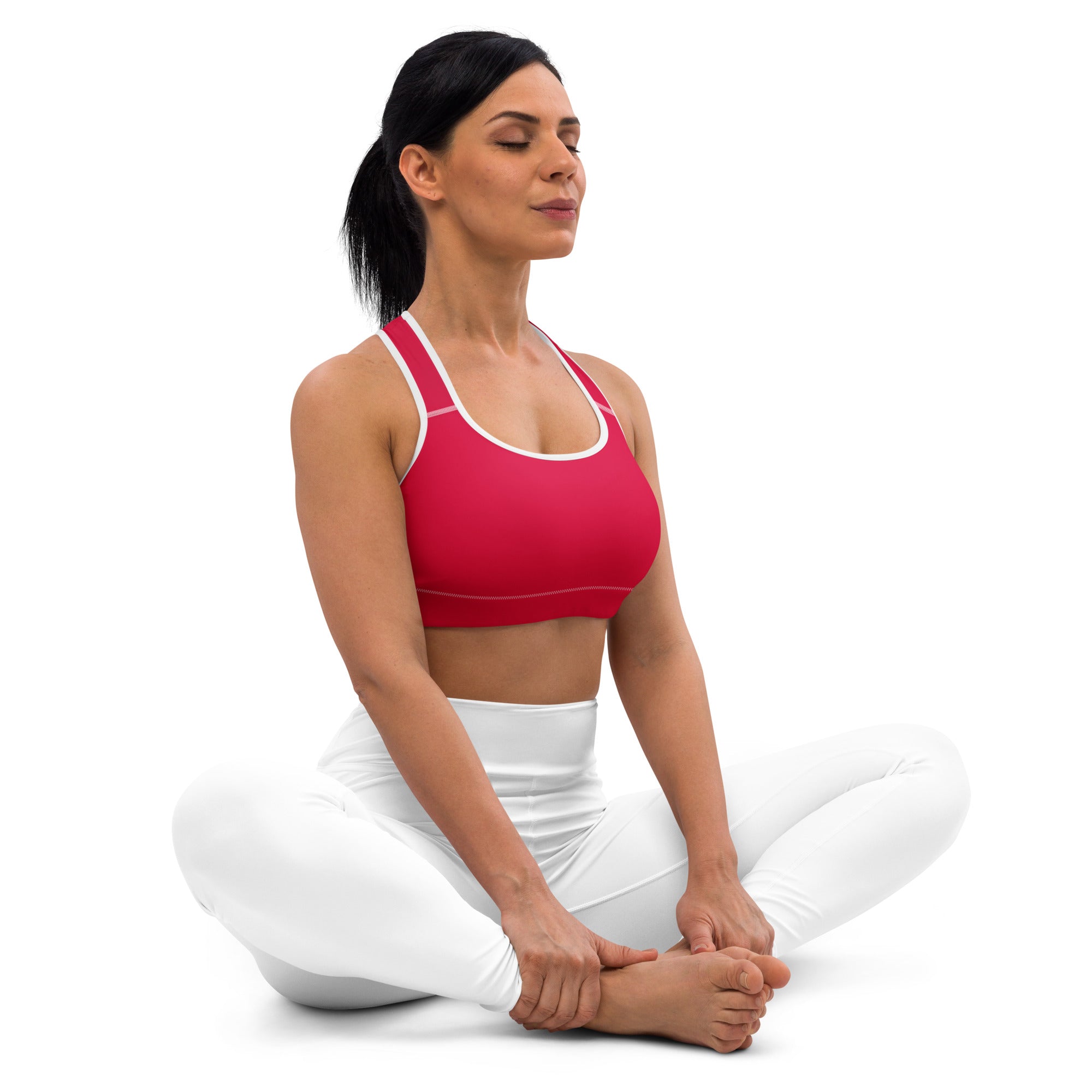 Women’s crimson red padded sports bra with white trim seamless buttery soft supportive quick dry design