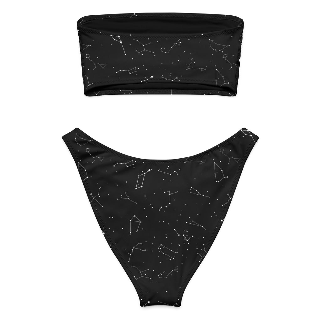 Women’s black strapless bandeau bikini set with white celestial constellation pattern made from quick drying recycled fabric with upf 50+