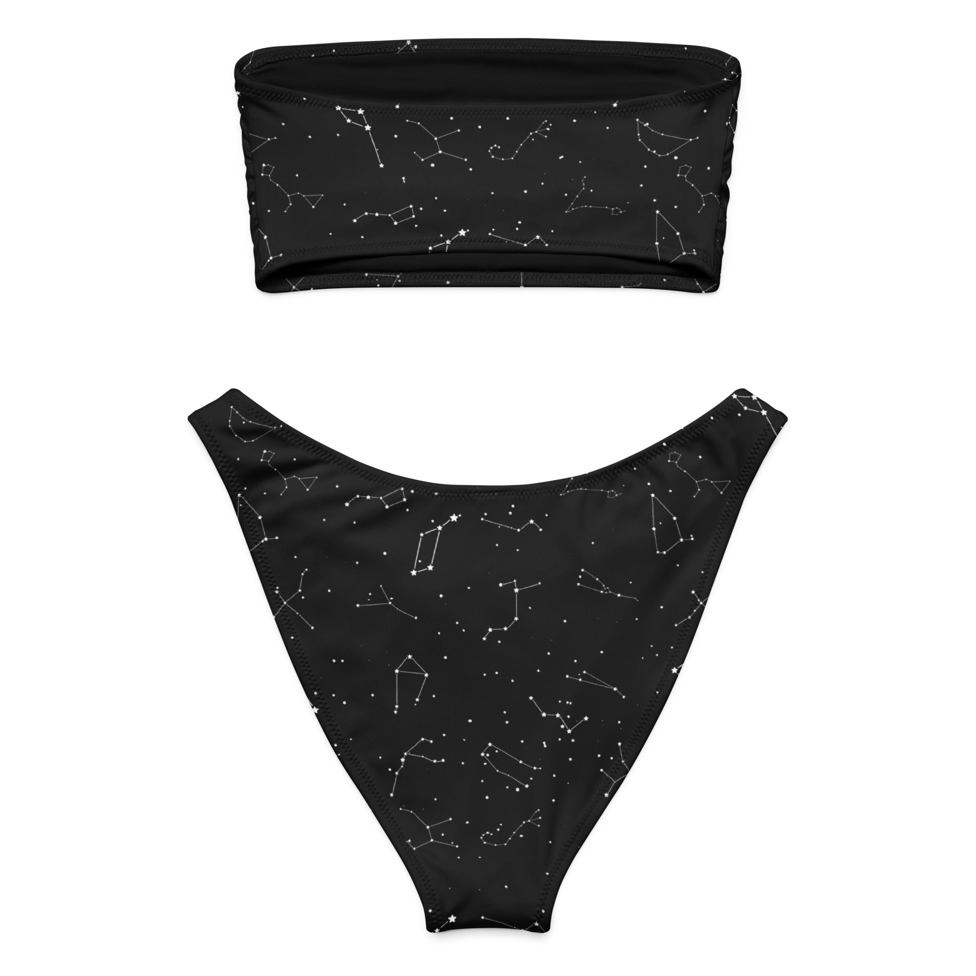 Women’s black strapless bandeau bikini set with white celestial constellation pattern made from quick drying recycled fabric with upf 50+