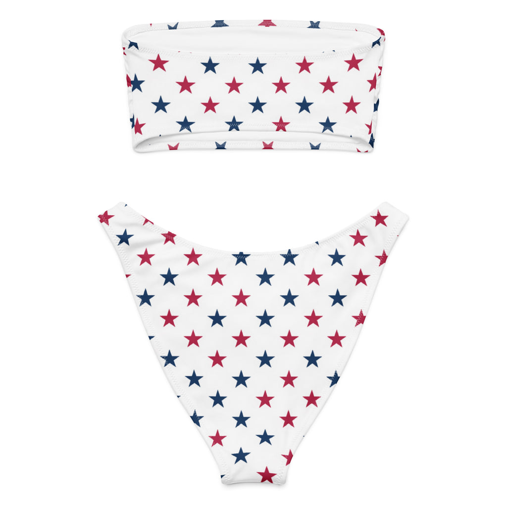 White recycled bandeau bikini with red and navy blue stars quick drying fabric and UPF 50 plus sun protection