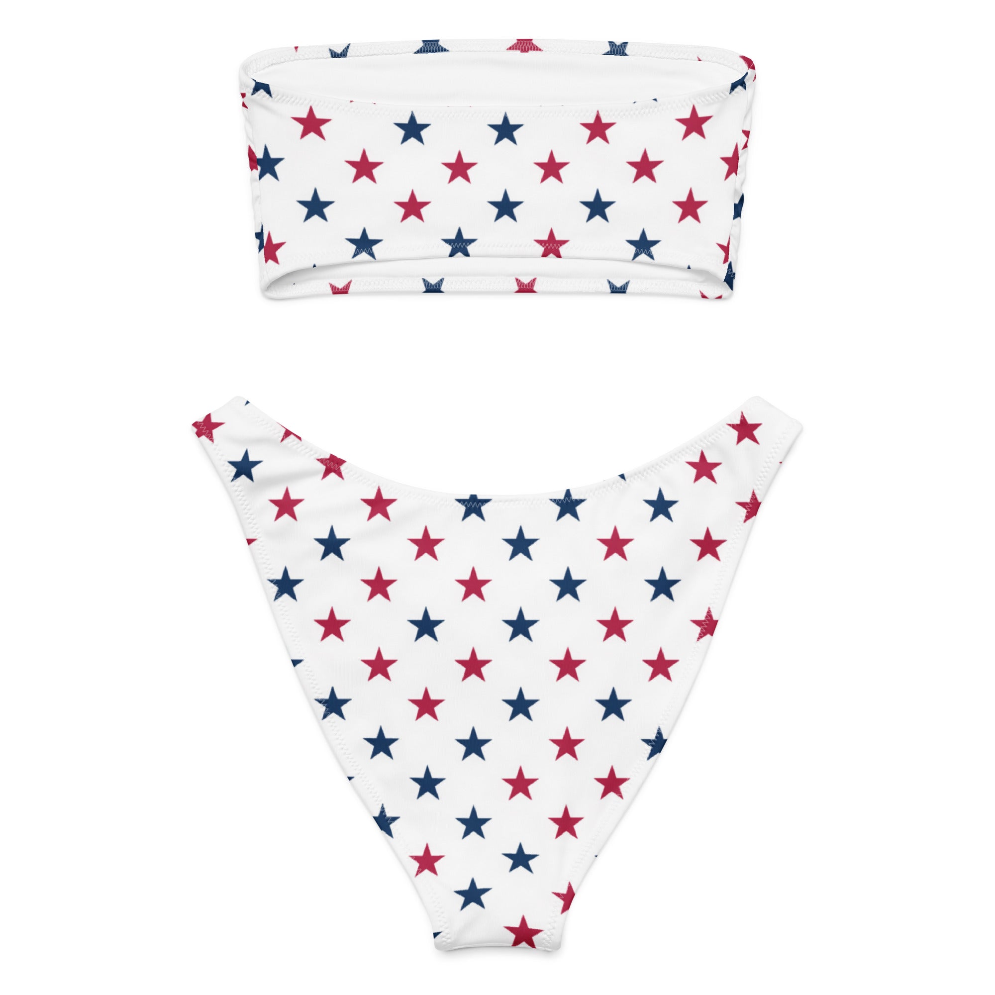 White recycled bandeau bikini with red and navy blue stars quick drying fabric and UPF 50 plus sun protection