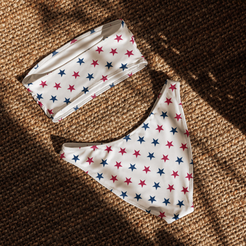 White recycle bandeau bikini set with red and blue star pattern quick drying fabric upf 50 plus