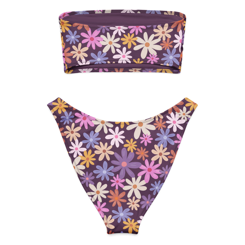 Purple women’s retro daisy floral recycled bandeau bikini set with quick drying stretchy fabric and upf 50+ protection