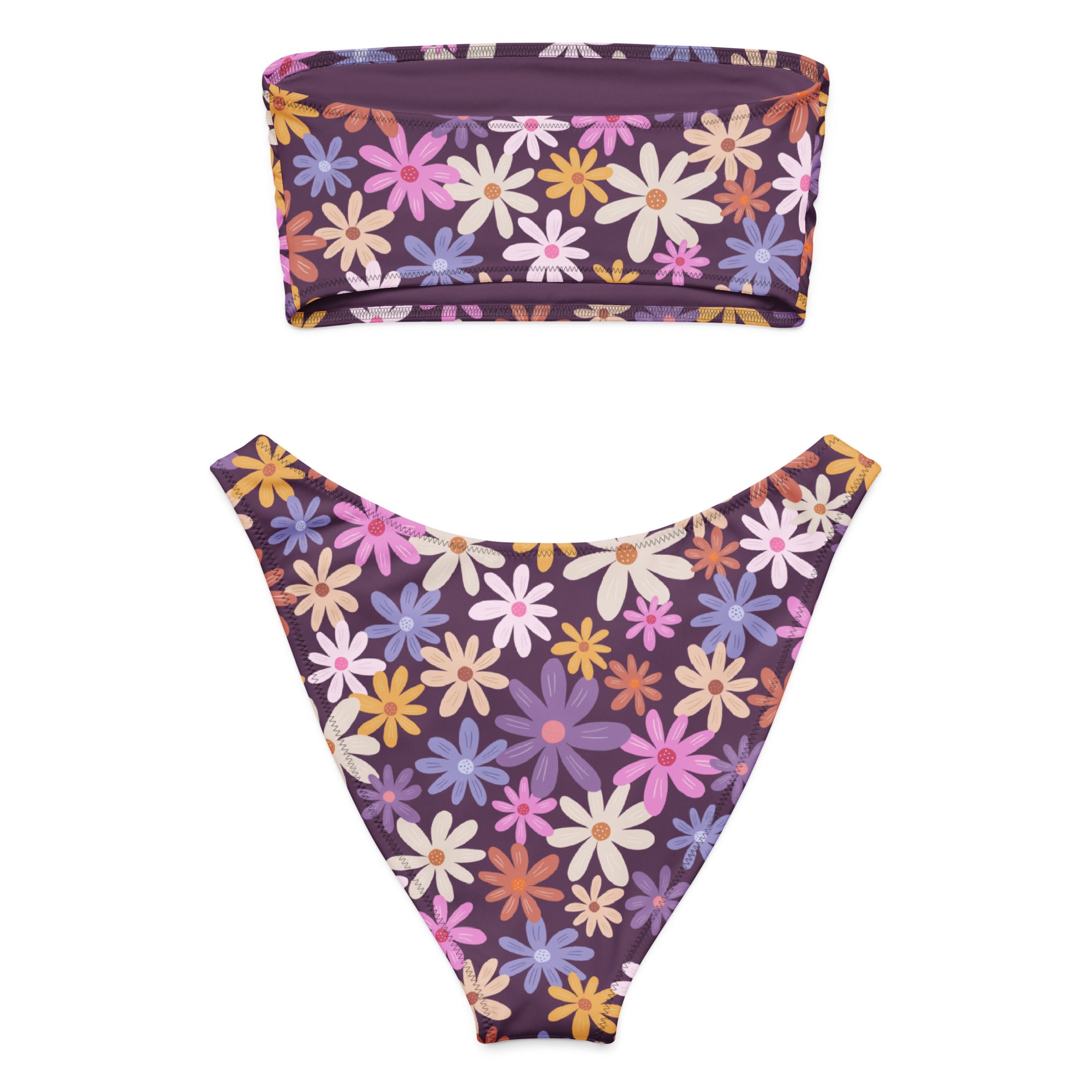 Purple women’s retro daisy floral recycled bandeau bikini set with quick drying stretchy fabric and upf 50+ protection