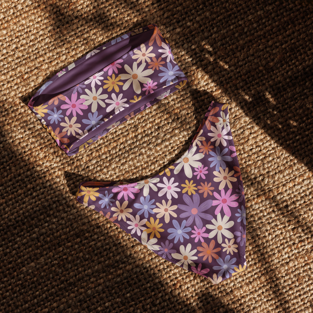 Women’s retro daisy floral recycled purple bandeau bikini set with vibrant pink white yellow and blue daisies and upf 50+
