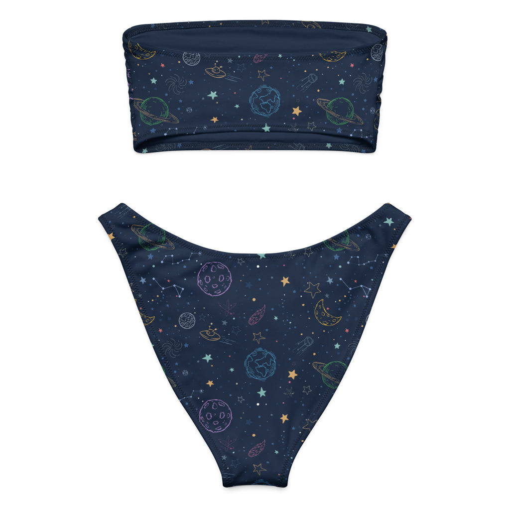 Women’s navy blue colorful galaxy space recycled bandeau bikini with pastel celestial outlines and upf 50+ quick drying fabric