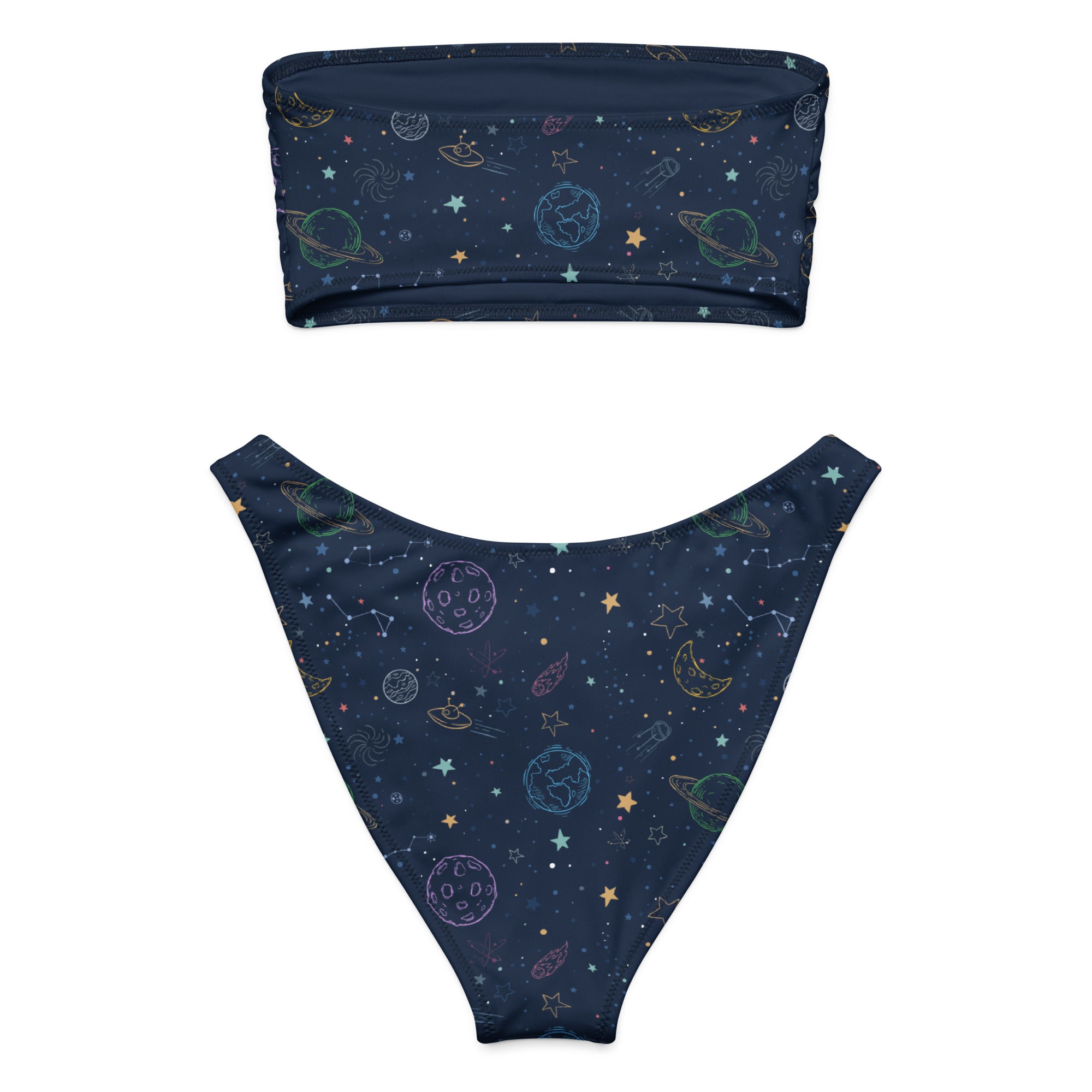 Women’s navy blue colorful galaxy space recycled bandeau bikini with pastel celestial outlines and upf 50+ quick drying fabric
