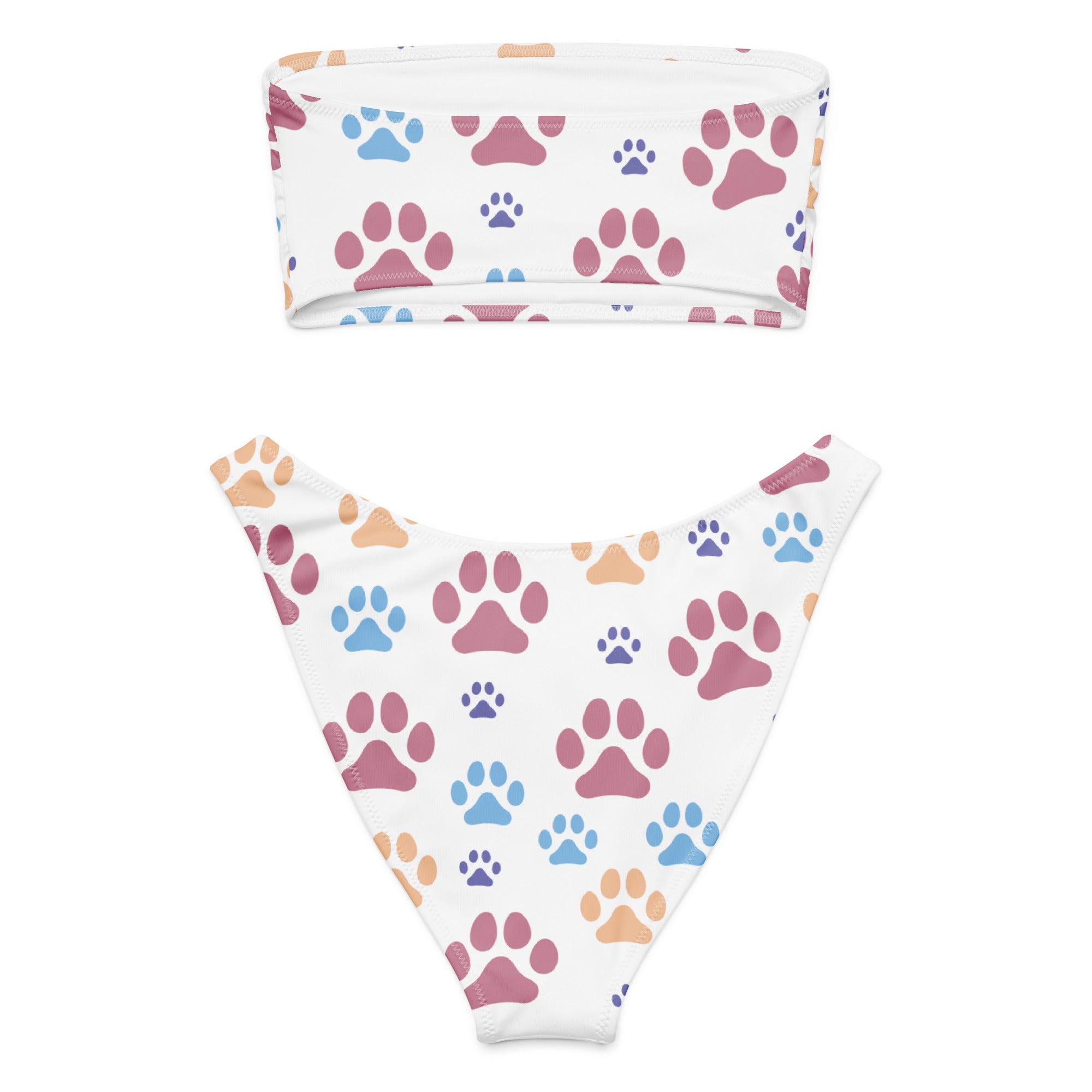 White bikini set with bandeau top and high-waisted bottoms featuring colorful paw prints made of quick drying recycled fabric with upf 50+