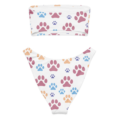 Women's Colorful Paw Prints Recycled Bandeau Bikini - Quick Drying Fabric With UPF 50+