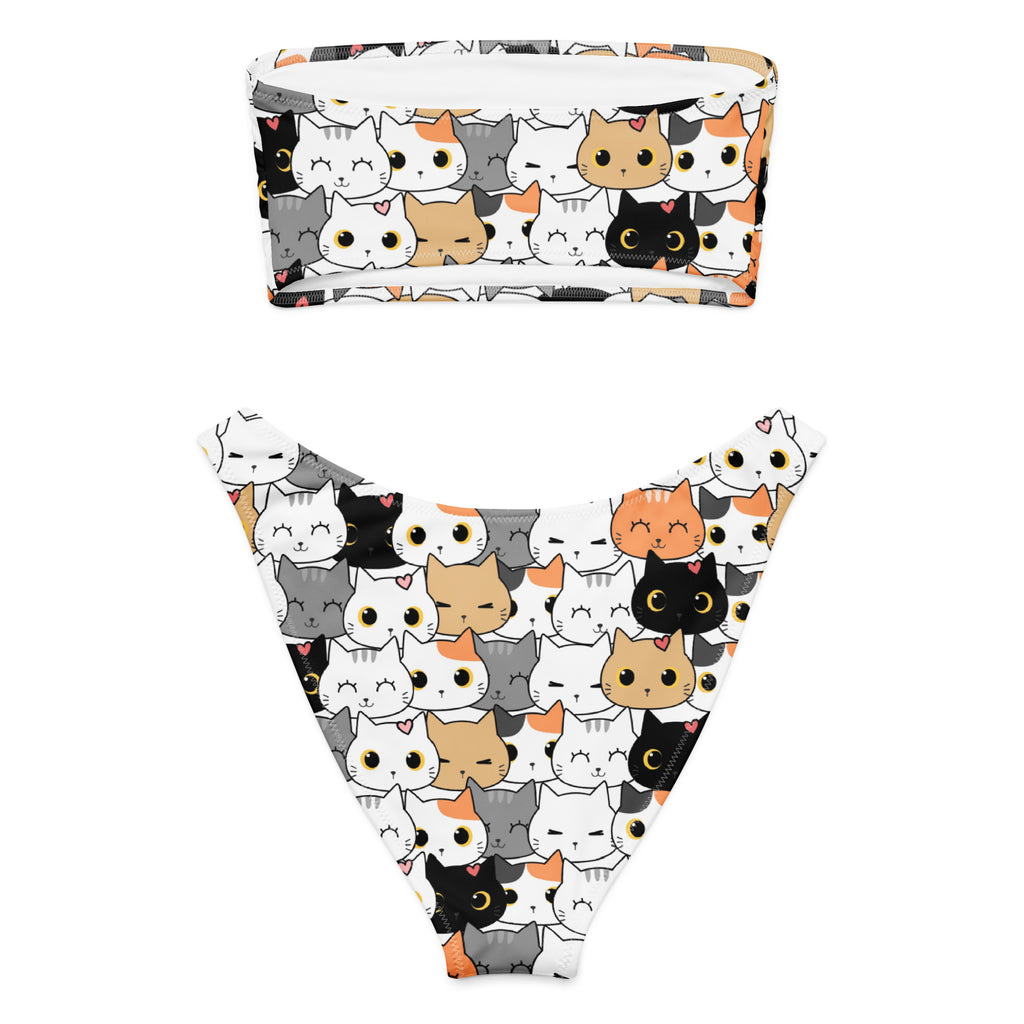 Women's Cat Face Recycled Bandeau Bikini - Quick Drying Fabric With UPF 50+