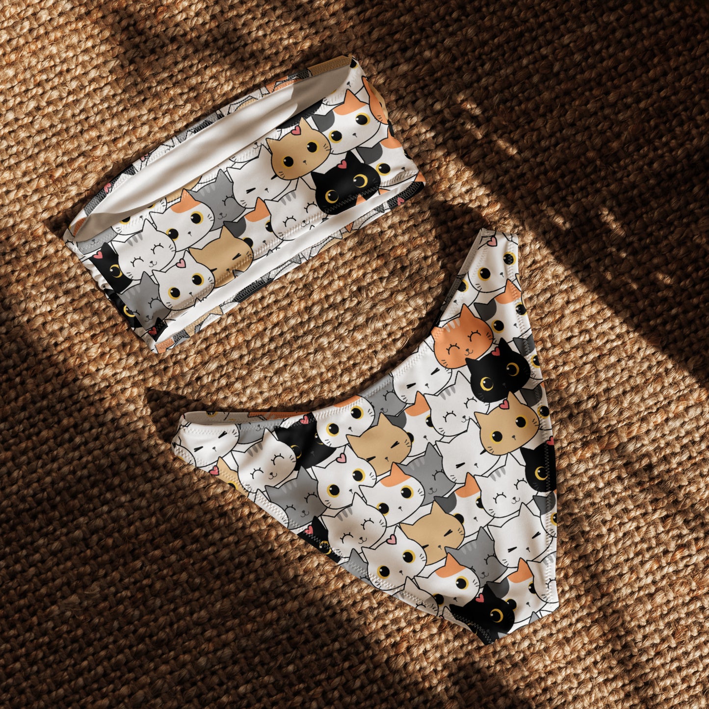 Women's Cat Face Recycled Bandeau Bikini - Quick Drying Fabric With UPF 50+