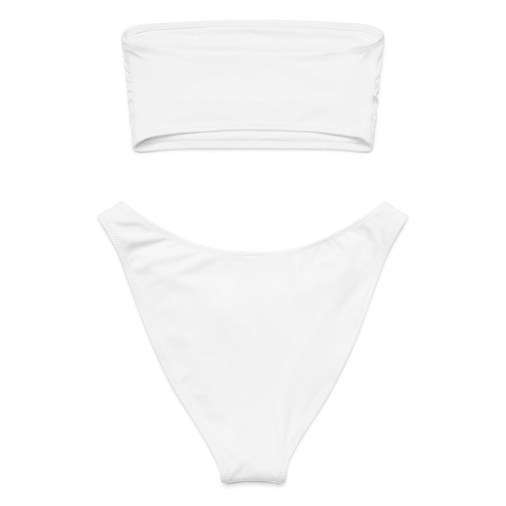 White minimalist bandeau bikini set with high cut bottoms made from quick drying recycled fabric with upf 50+ protection