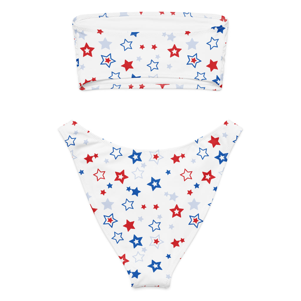 White bikini set with red blue and gray star pattern made from quick drying recycled fabric with upf 50 plus protection