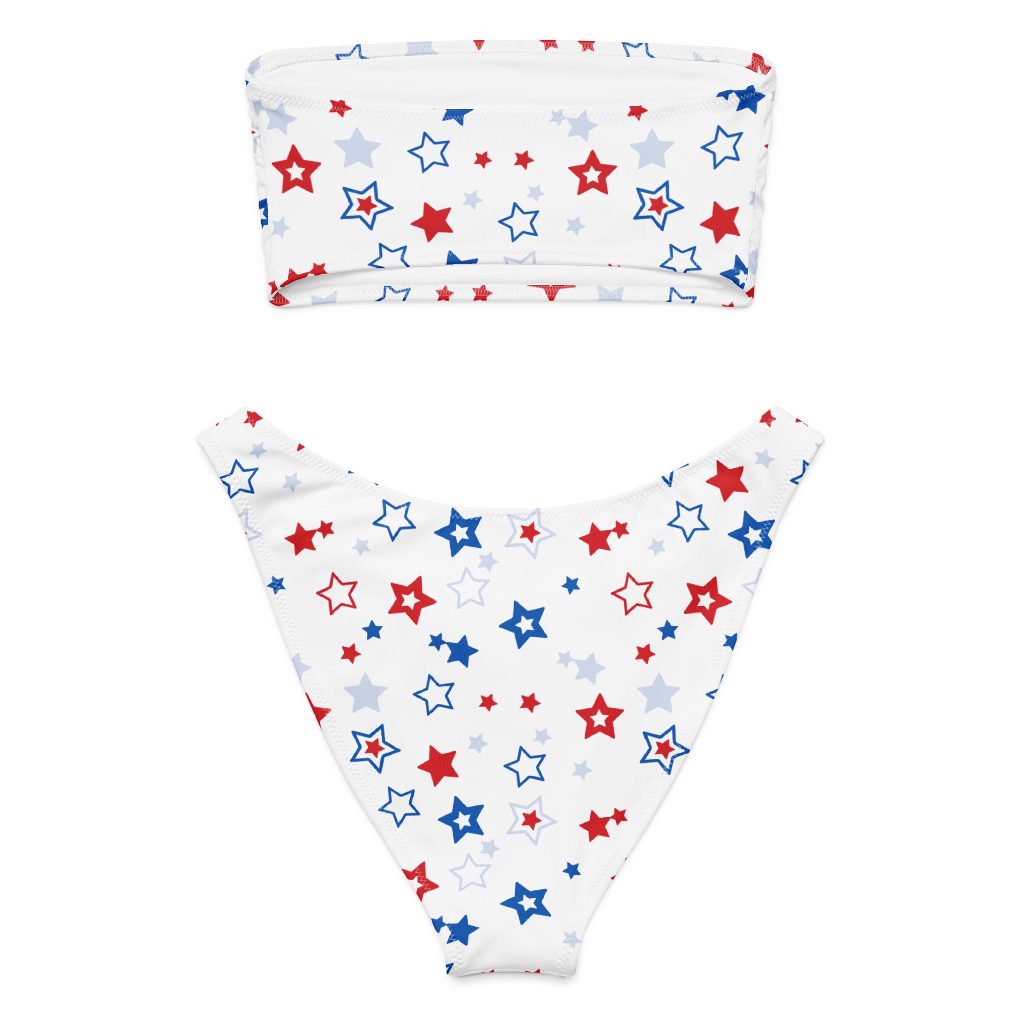 White bikini set with red blue and gray star pattern made from quick drying recycled fabric with upf 50 plus protection