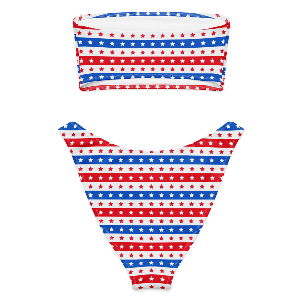 Women’s red white and blue star striped bandeau bikini with triangle bottoms made from quick drying recycled fabric