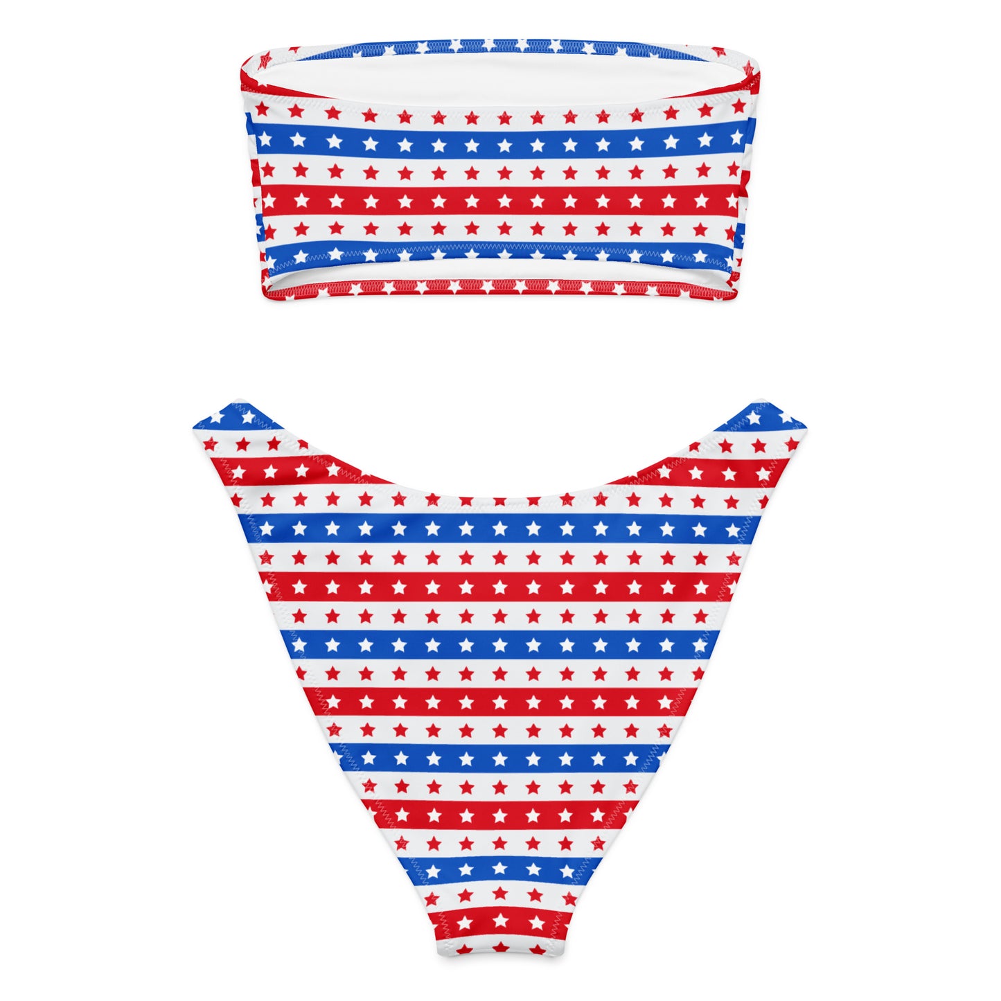 Women's Striped Red White & Blue Striped Star Recycled Bandeau Bikini - Quick Drying Fabric With UPF 50+
