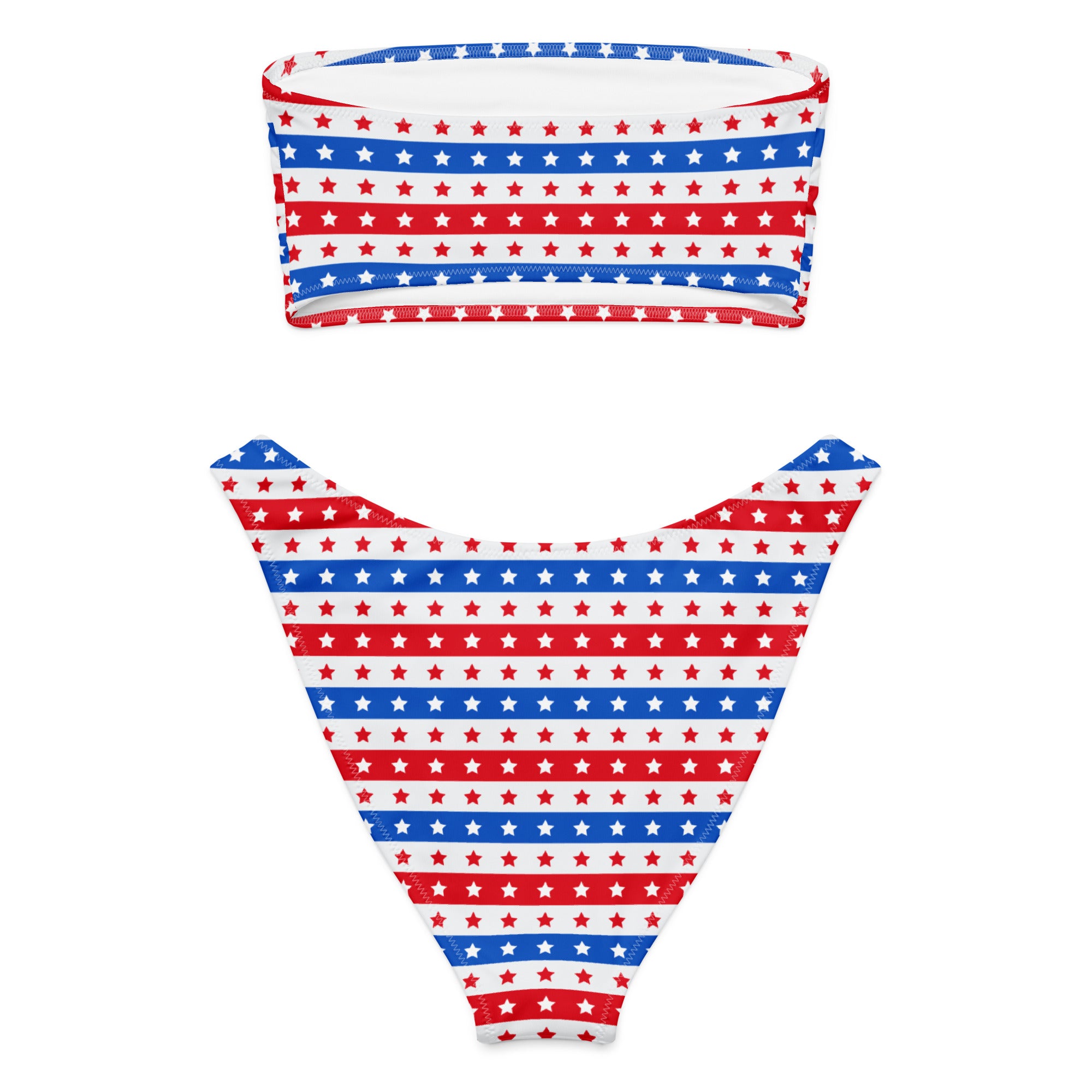 Women’s red white and blue star striped bandeau bikini with triangle bottoms made from quick drying recycled fabric