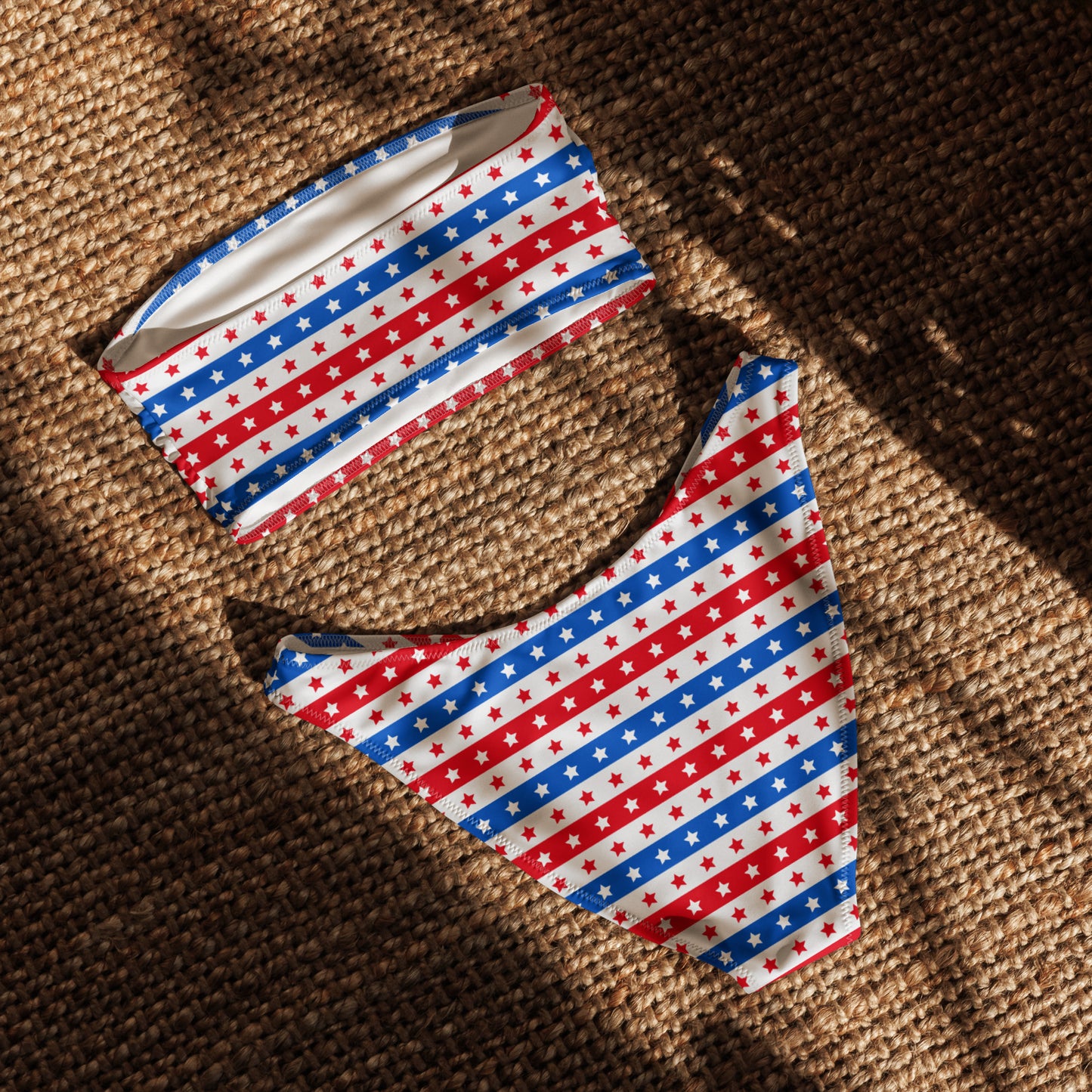 Women's Striped Red White & Blue Striped Star Recycled Bandeau Bikini - Quick Drying Fabric With UPF 50+